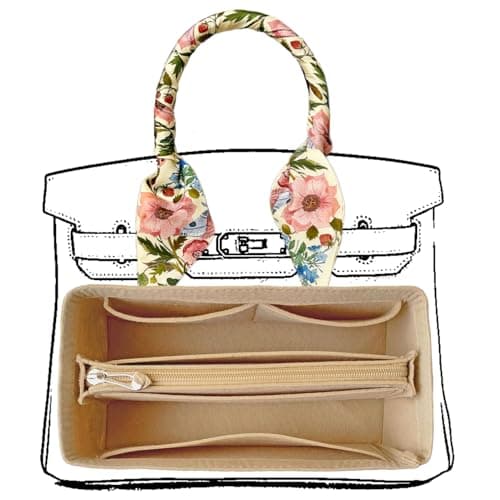 KOPPAL Purse Organizer Insert For Birkin 25 Bag, Felt Insert Organizer With Zipper, Large Capacity Handbags Insert Organizer & Purse Divider (25,Beige)