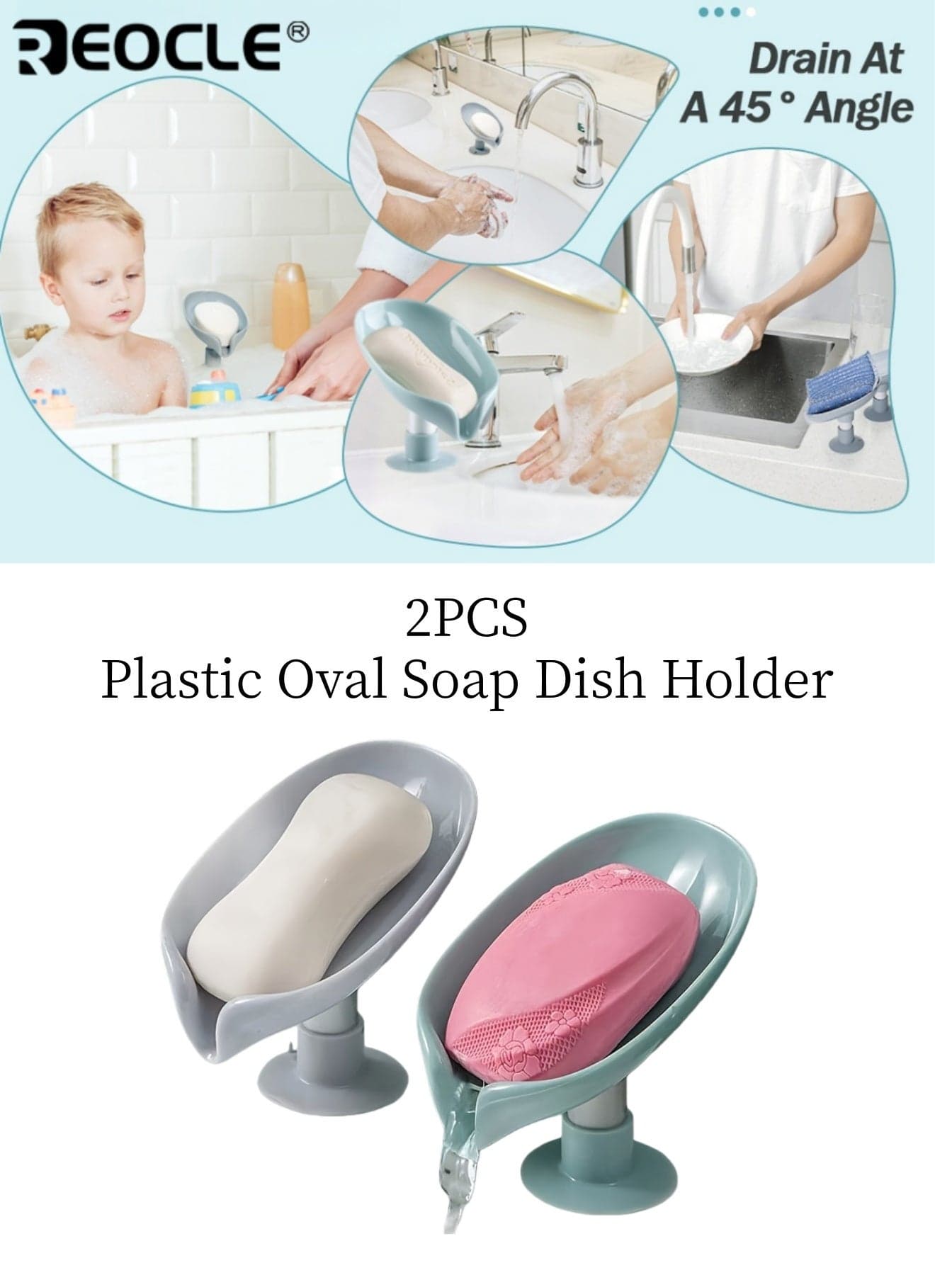 2pcs Plastic Oval Soap Dish Holder Bathroom Drain Soap Rack Quick-Dry Tilted Holder Suction Cup Design Detachable Box No-Drill Organizer for Home Use