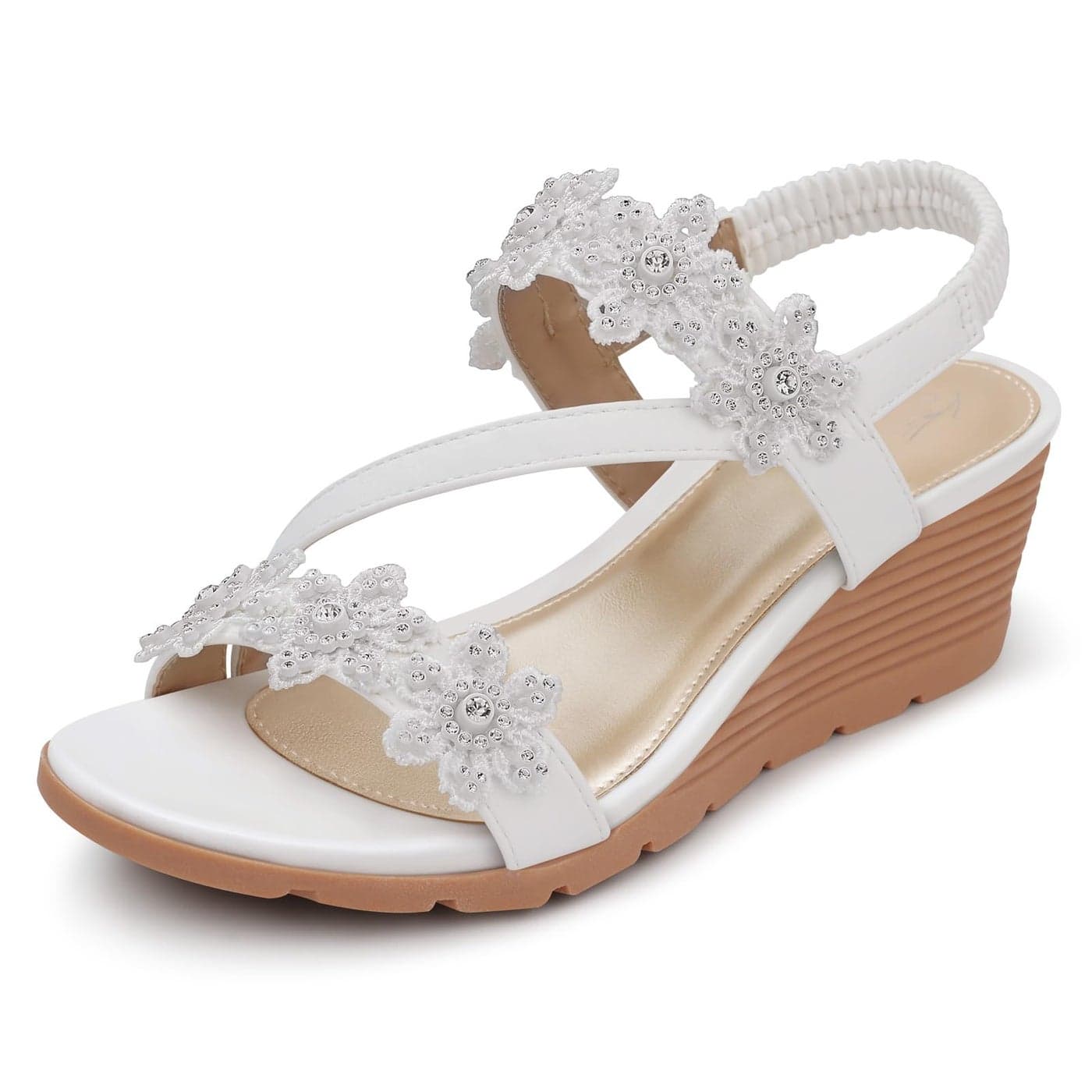 SHIBEVER Wedge Sandals for Women Dressy Summer White Open Toe Low Platform Wedges Sandals Flower Comfortable Casual Shoes Size 7