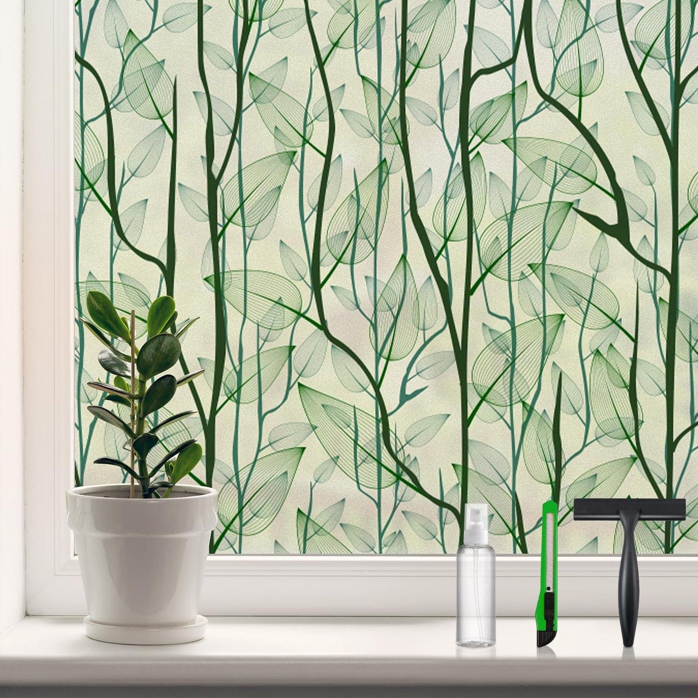 DKTIE Window Film Privacy with Installation Tools Decorative Stained Glass Window Clings for Home Static Cling Window Sticker for Front Door Bathroom Glass Door Dark Green 354 x 787