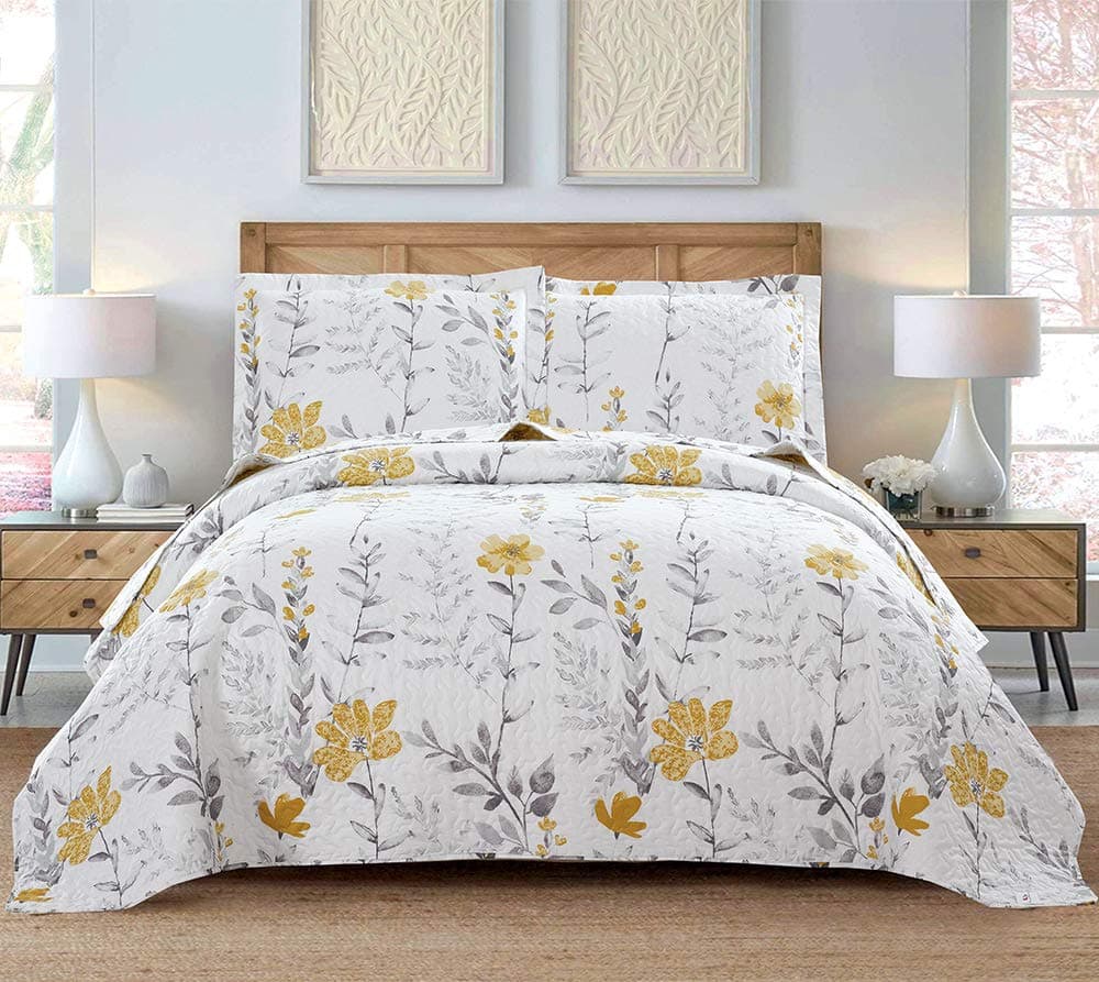 Grey Leaf Yellow Floral Twin Quilt Set Bedspread Coverlet Pillow Shams Lightweight Reversible SpringSummer
