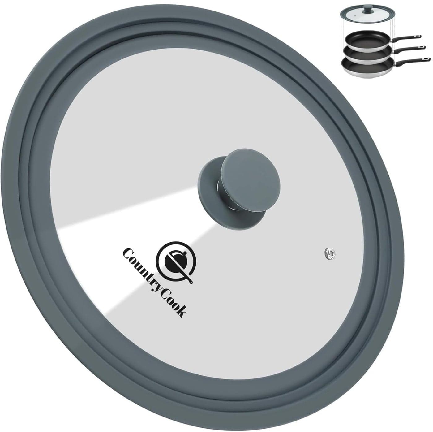 CountryCook Multi-Sized Tempered Glass Lid for 28/30/32 cms Frying Pan/Kadai/Skillet Cooking Vessels with Stream Vent, Silicone Rim & Knob Dishwasher Safe (Grey, Large (Fits 28/30/32 cms))