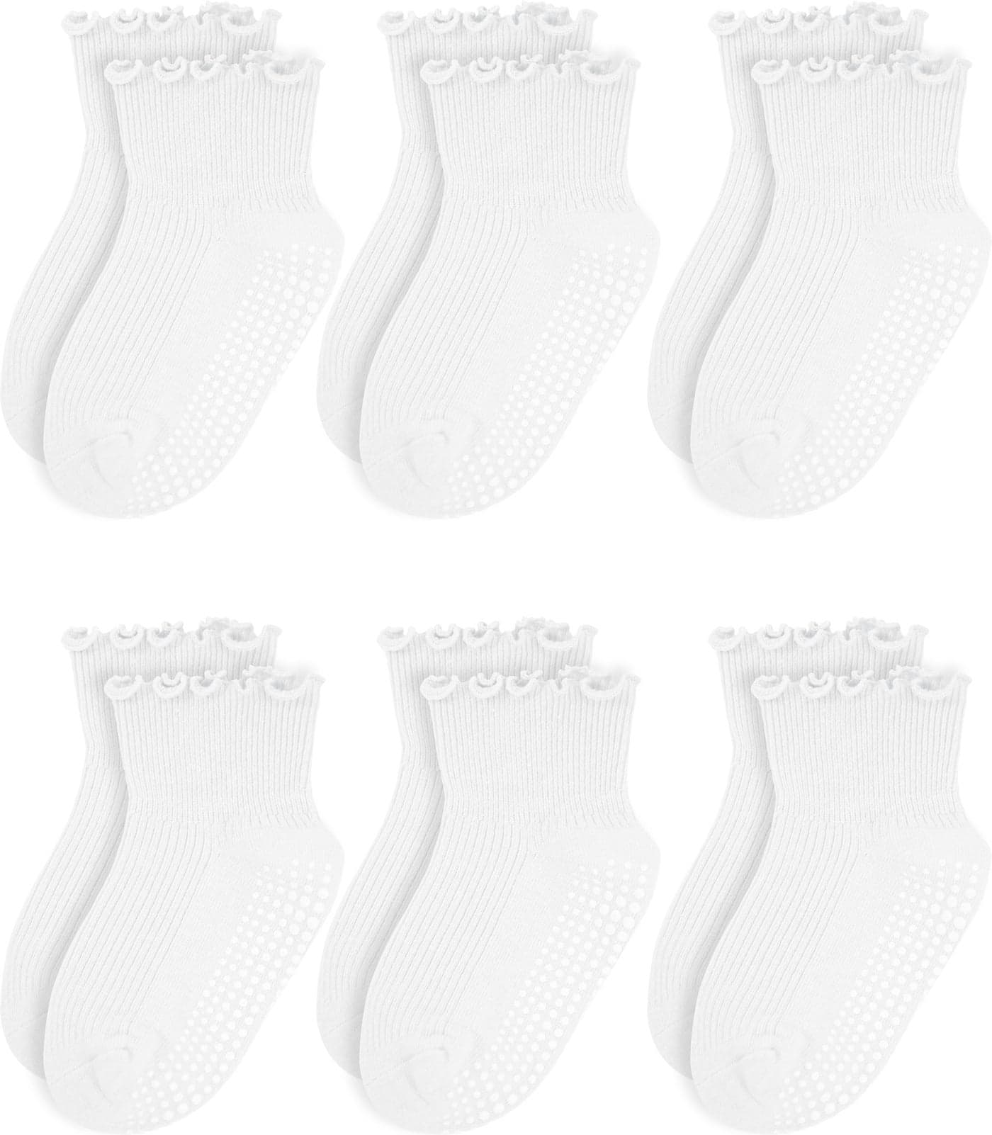 Sooneeya Baby Girls Ruffle Crew Socks Non Slip Grips Socks with Breathable Cotton 0-12 Months 6 Pairs White