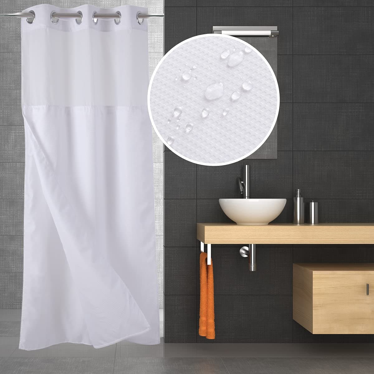 Ecoehoe 36 W x72 L Hook Free Fabric Stall Shower Curtain with Polyester Snapin Liner with MagnetsHotel Style Top See Through White