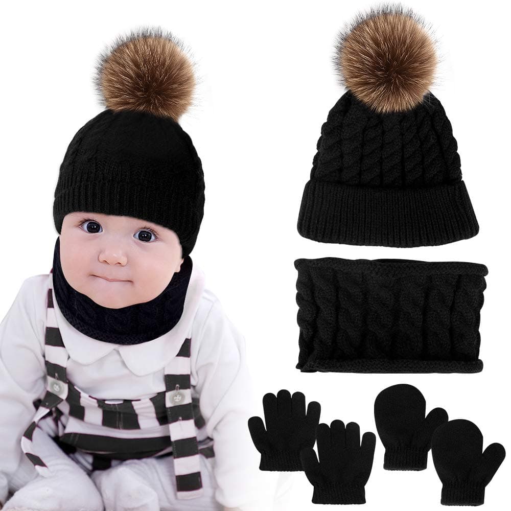 Hicdaw 6PCS Toddler Baby Winter Hat Scarf Kids Warm Knitted Hat for Beanie Scarf Gloves Set Gift for Kid Black