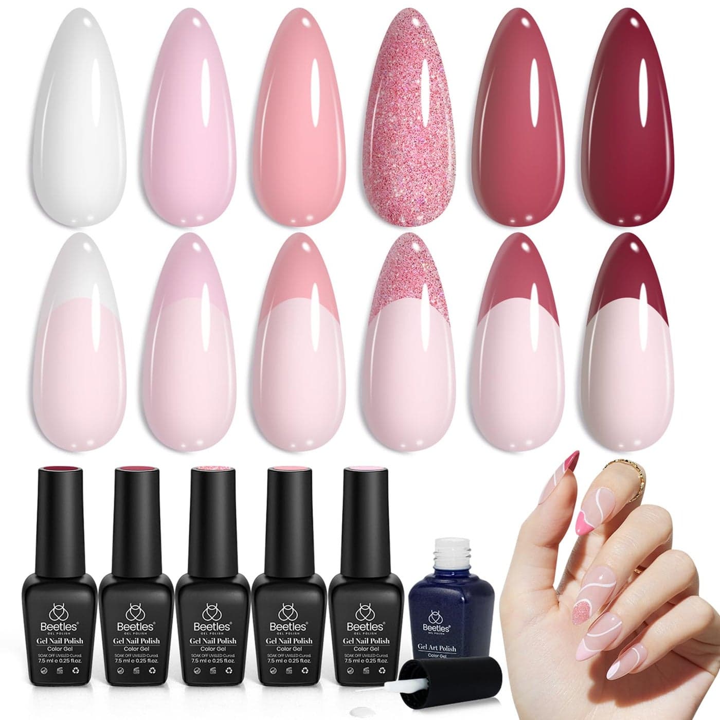 Beetles Pink Gel Polish White French Gel Nail Polish Set 6 Pcs Pink Rose Glitter City of Love Collection 5 Colors Gel 1 Pcs Liner Polish Soak Off Uv Lamp Nails Art Design Manicure Gifts for Women