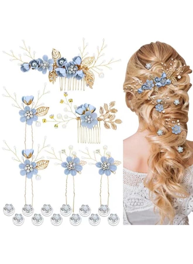 Cinaci 18 Pieces Bridal Wedding Party Prom Pearl Rhinestone Light Blue Flower Hair Side Combs SlidesUshaped Flower Hair PinsTwist Spiral Hairpins Floral Headpieces for Brides Bridesmaids Women Girl