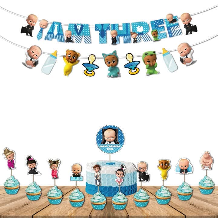 Festiko® Boss Baby Birthday Decorations"I AM THREE", Baby Boss Party Supplies Set Pack of 14 pcs, Party Supplies, Children Party Supplies Decoration - Banner,Cake Topper,Cup Cake Topper