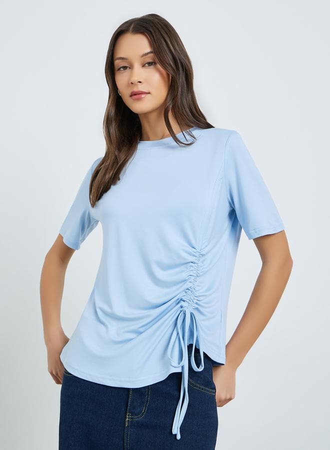 Blue Knitted T-Shirt with Adjustable Drawstring