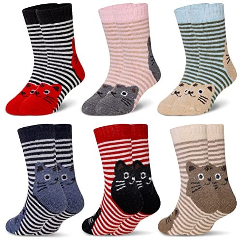 Eocom 6 Pairs Children's Winter Warm Wool Animal Crew Socks Kids Boys Girls Socks(1-3 Years,Cat)