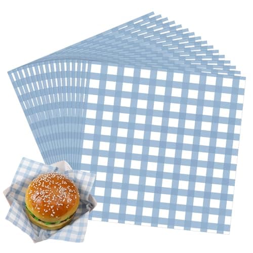 Honeydak 200 Pcs Checkered Wax Paper Sheets 7 x 7 Inch Checkered Deli Paper Sheets Food Basket Liners for Sandwich Burger Greaseproof Food Wrapping, Outdoor Picnic Disposable Serving(Blue)