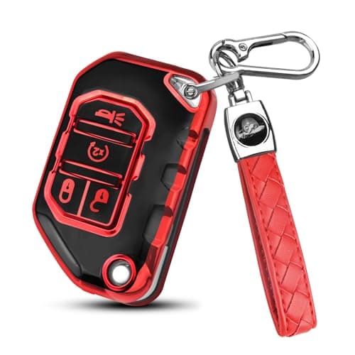 QBUC for Jeep Key Fob Cover with Keychain Compatible with Jeep Wrangler JLU JL Gladiator Rubicon JT Car Flip Key red