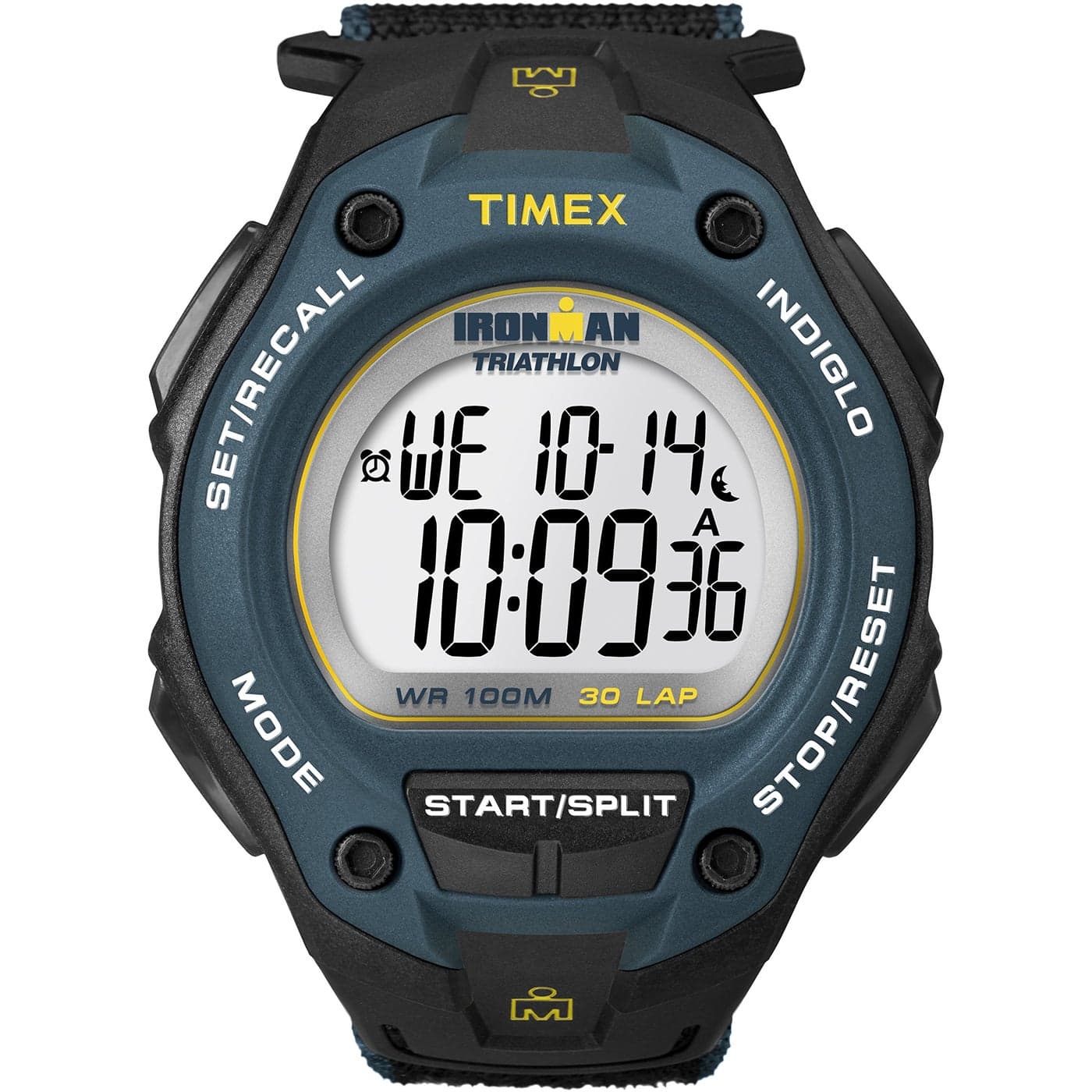 Timex Men's Ironman Triathlon Classic 30 Oversized 43mm Watch – Black & Blue Case Yellow Accents with Black Fast Wrap Strap