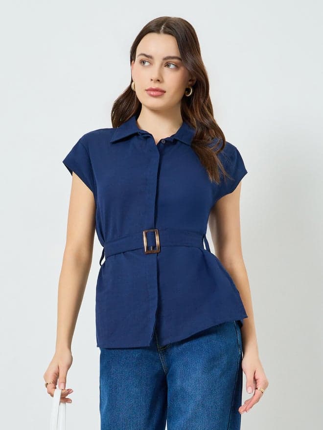 Women Cap Sleeve Belted Shirt