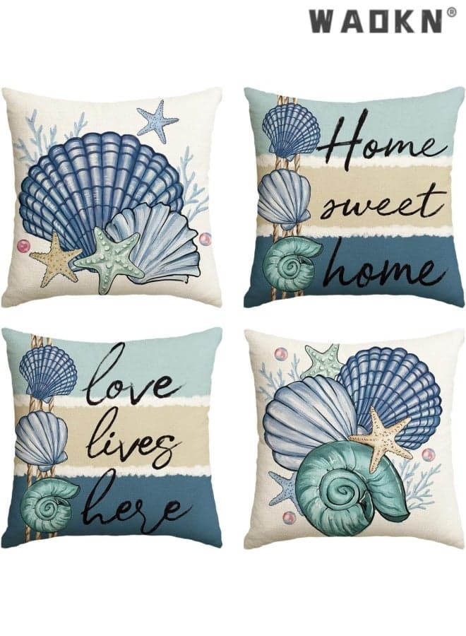 Summer Ocean Sea Shell Home Sweet Home Throw Pillow Covers,45*45cm, Love Lives Here Conch Starfish Coral Holiday Seasonal Cushion Case Decorations Set of 4, easy to clean , suitable for bedding room , living room and sofa , blue.