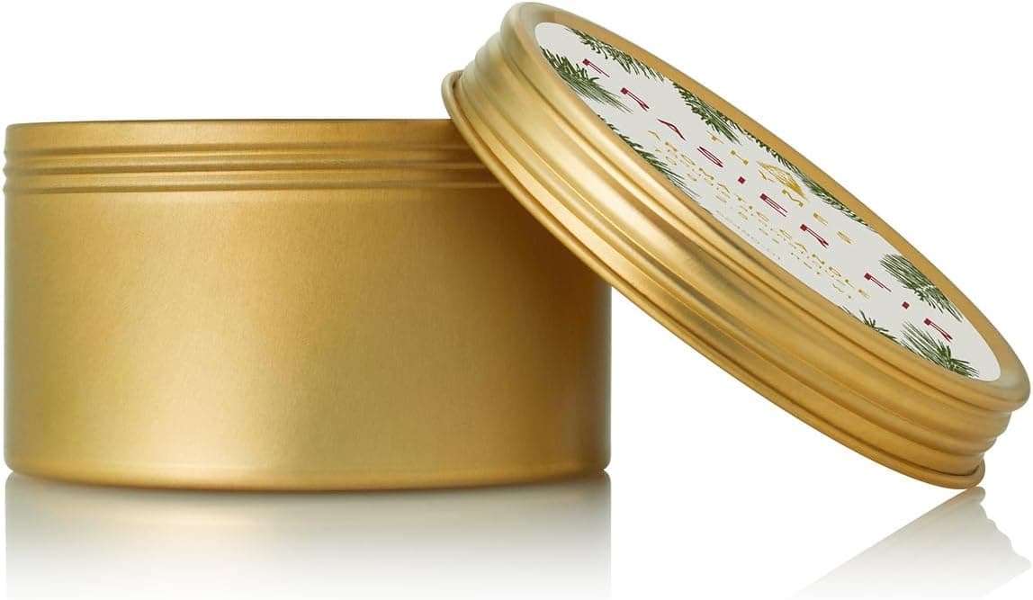 Thymes Travel Tin Holiday Candles - Scented Candles for Home Decor - Winter Scents - Christmas Gifts - Luxury Home Fragrance Gifts for Women & Men - Gold (Frasier Fir, 2.5 oz)