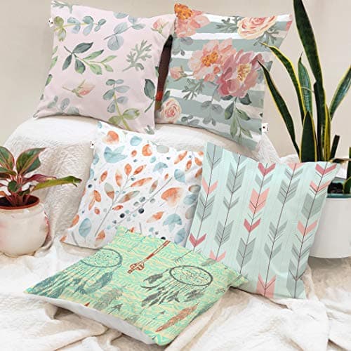 BRICK HOME Floral Printed Poly Cotton Cushion Cover, 12x12 Inches, Set of 5 with Filler