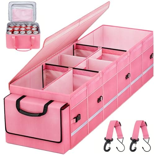 Car Trunk Organizer and Storage with Lid & Removable Leakproof Cooler Bag, Car Accessories 6 Removable Dividers for Custom Space, Collapsible Large Trunk Organizers Interior for SUV & Sendan, Black
