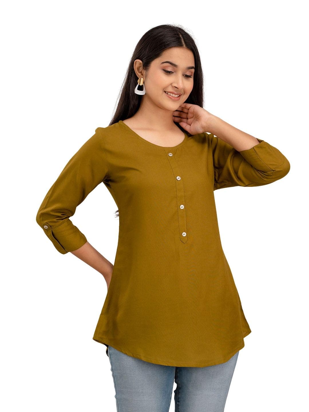 feranoid Women Rayon Regular Fit Solid Hip Length 3/4 Sleeves Tunic Green, 2XL
