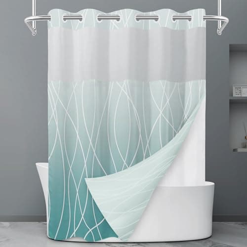 LXBNI No Hook Ombre Teal Striped Shower Curtain with Snap in Liner Set - Hotel Shower Curtain and Liner Set with See Through Mesh Top Window,Machine Washable, 71x74 INCH