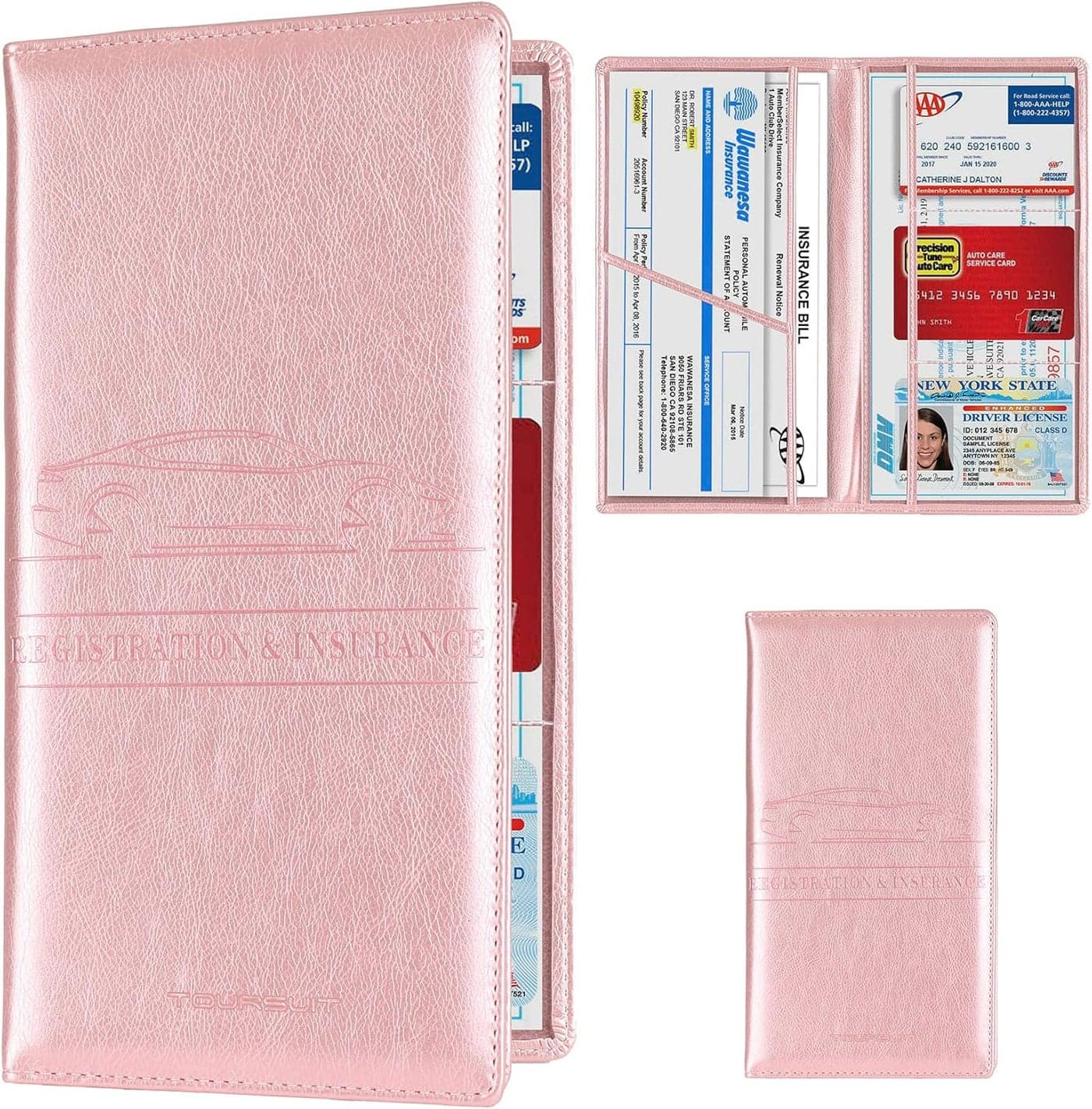 TOURSUIT Car Registration and Insurance Card Holder, Vehicle License Document Glove Box Compartment Organizer, Interior Car Accessories for Women Men Teens (Rose Gold)