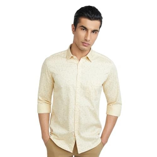 Parx Men's Slim Fit Cotton Blend Semi Cutaway Collar Print Pattern Full Sleeve Light Yellow Shirt