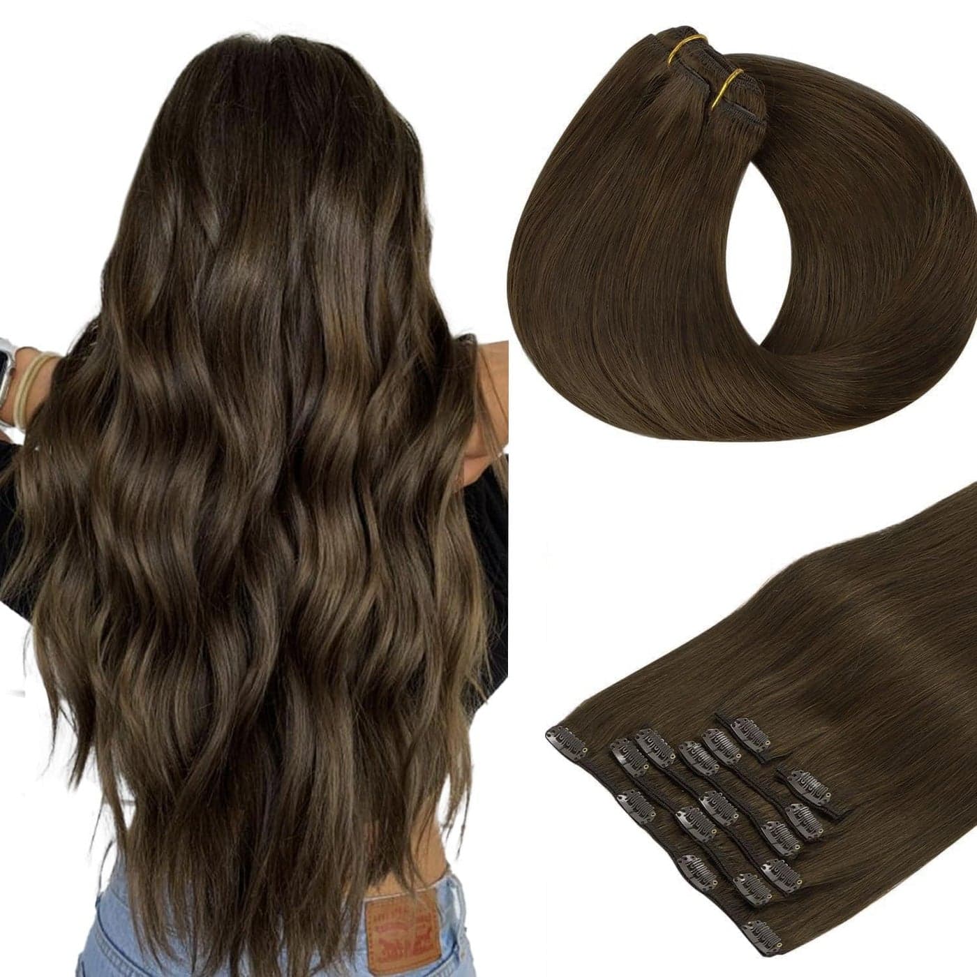 HOTBANANA Human Hair Clip in Hair Extensions Chocolate Brown 120g Clip in Hair Extensions Real Human Hair Straight Remy Hair 22 Inch 7pcs