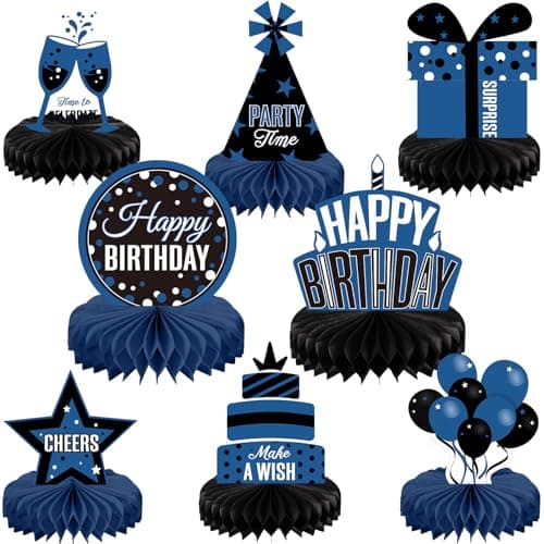 Pajean 8 Pieces Blue and Black Birthday Party Honeycomb Centerpieces Blue Black Table Centerpieces Decorations Table Centerpiece Sign for Kids Adults Party Supplies