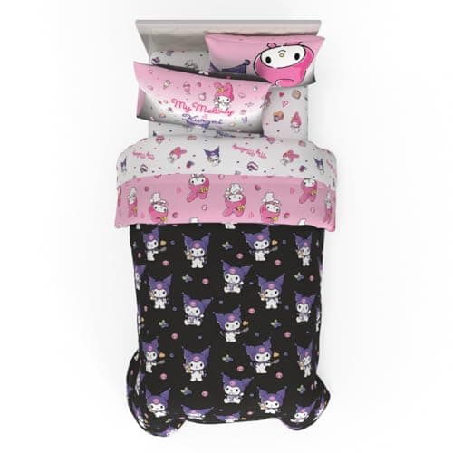 Franco Sanrio Kuromi & My Melody Bedding 5 Piece Super Soft Cozy Reversible Comforter and Sheet Set with Sham, Twin, (Officially Licensed Product)