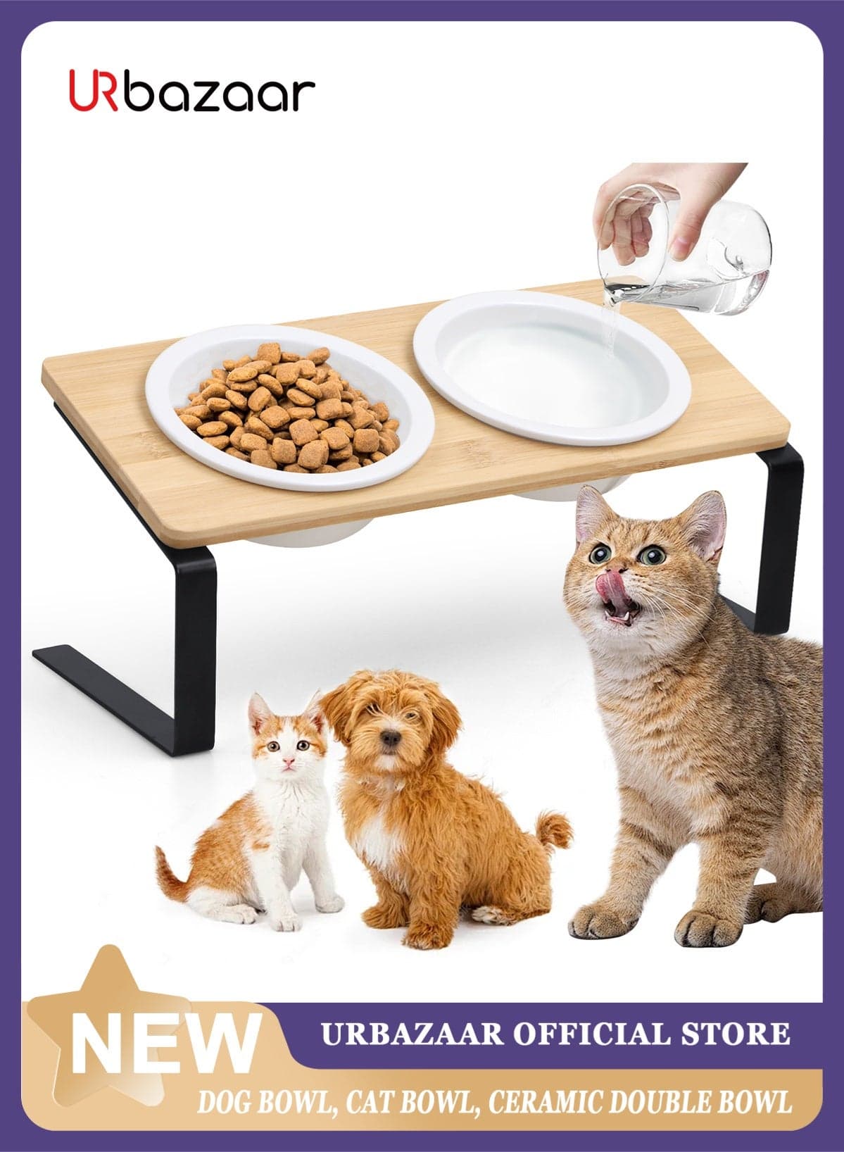 Ceramic Elevated Cat Bowls Raised Puppy Dishes for Food and Water Tilted Wooden Stand for Indoor Cats 5.7 inch Wide Double Dish Orthopedic Reduces Vomiting (Wood Color)
