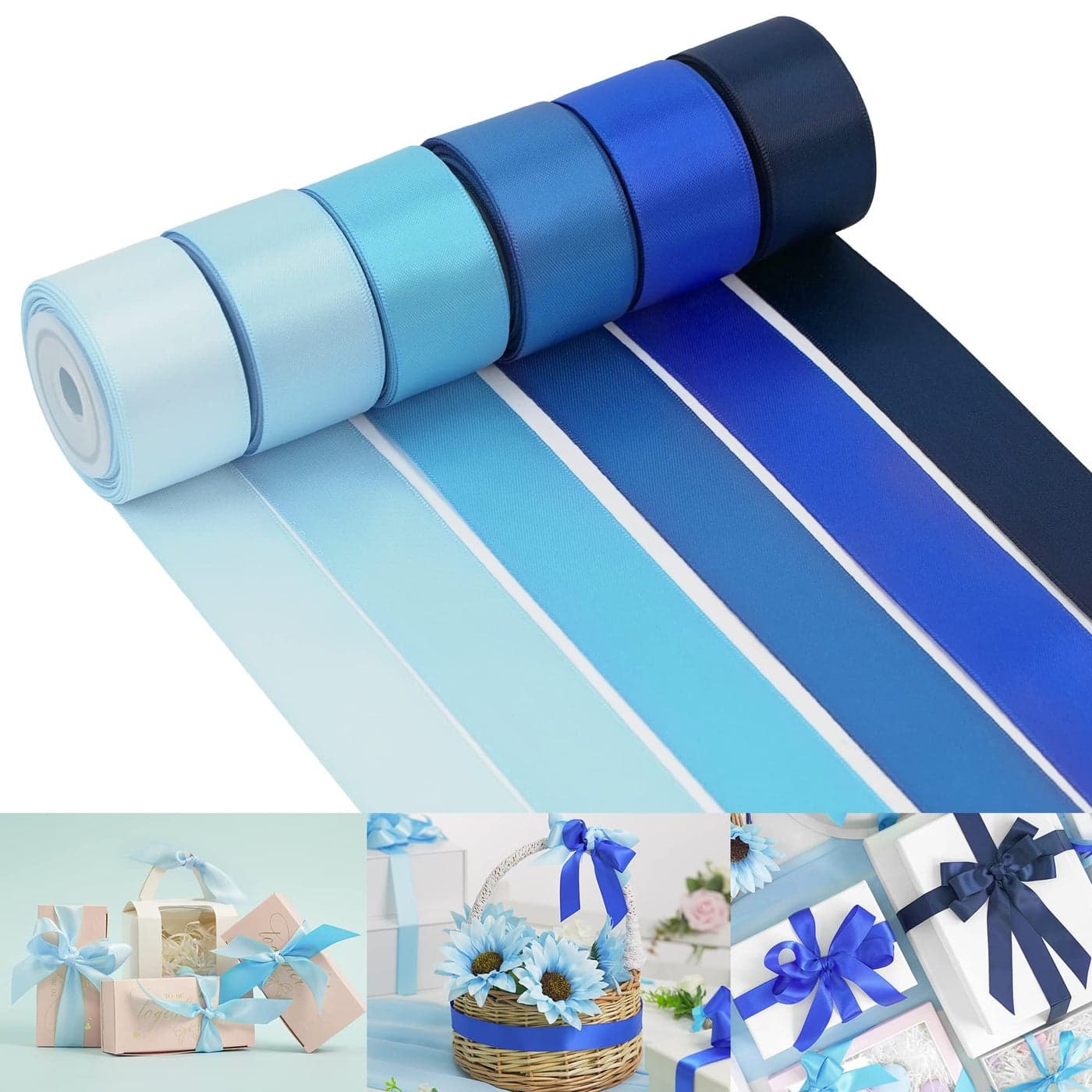 Huihuang Satin Ribbon for Gift Wrapping Baby Light BlueNavy Blue Ribbon for Gift Wrap DIY Crafts Baby Shower Decor 6 Colors x 5 Yards Each