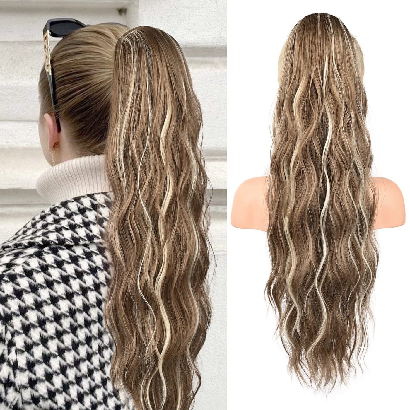 FLUFYMOOZ Ponytail Extension 26 Inch Drawstring Ponytail Hair Extensions for Women Long Curly Wavy Ponytail Natural Wavy Synthetic Hairpiece for Women 26 Ash Brown with Blonde Highlights