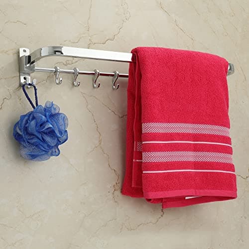 USF Bath Accessories 304 Grade Stainless Steel Folding Towel Rod with Hooks, 24 Inch Towel Bar for Bathroom, Wall Mounted Napkin Rod, Chrome Finish, 3 Years Warranty