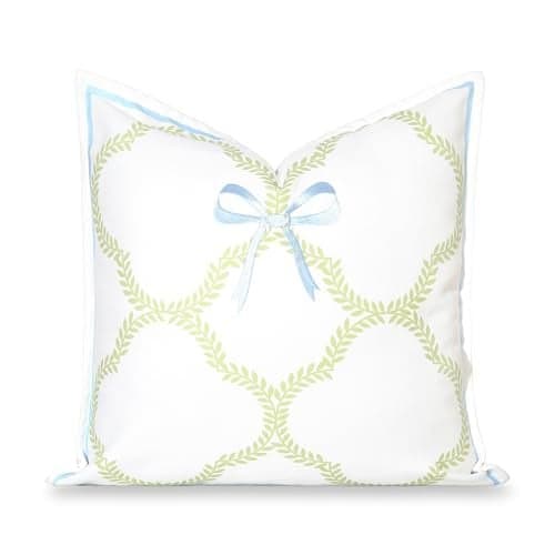Hofdeco Premium Coastal Grandmillennial Patio Indoor Outdoor Throw Pillow Cover Only 20x20 Water Repellent for Backyard Couch Poolside Grass Green Embroidered Ribbon Bow Tie on Leaves