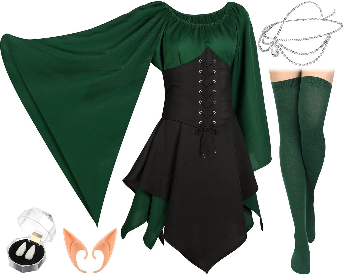 Jadive 5 Pcs Women Elf Renaissance Medieval Dress Traditional Irish Fairy Viking Costume Elf Ear for Halloween Cosplay PartyXLargeGreen Black