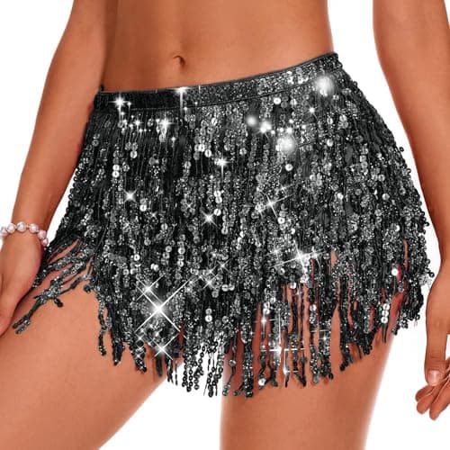 Durio Belly Dance Skirt with Tassel Fringe & Sequin - Rave & Festival Skirt for Women - Black, One Size