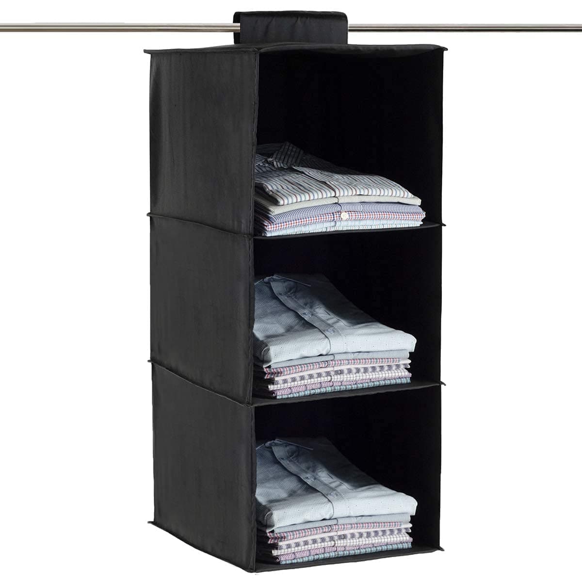 ShubhKraft Non Woven Hanging 3 Shelves Foldable Wardrobe Closet Cloth Organizer Hanging Shelf Organizer Pack of 1 Black
