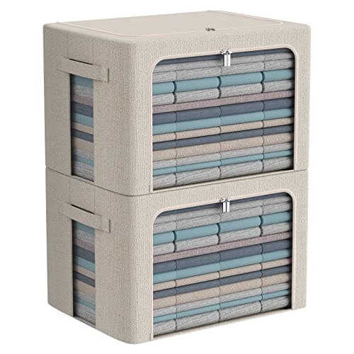 CYhom Clothes Storage Bins Box - Linen Fabric Foldable Stackable Container Organizer Set with Clear Window & Carry Handles & Metal Frame - 2Pack Large Capacity for Bedding, Blankets, Books