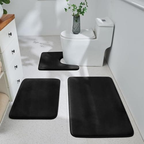HUXMEYSON Bathroom Rugs Sets 3 Piece, Ultra Soft Velvet Memory Foam Bath Rugs, Non-Slip & PVC Backing Bathroom Mat Set, Washable Quick Dry Bathroom Rug - Black