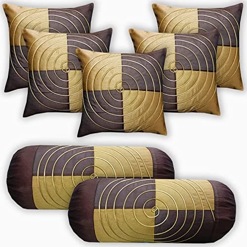 Gifts Island® Combo Silk Decorative Duo-Color Patchwork with Spiral Golden Dori Cushion Covers 16x16 inches Set of 5 & Round Pillow Bolster Covers Set of 2 16x32 inches (Brown & Gold, Pack of 7)