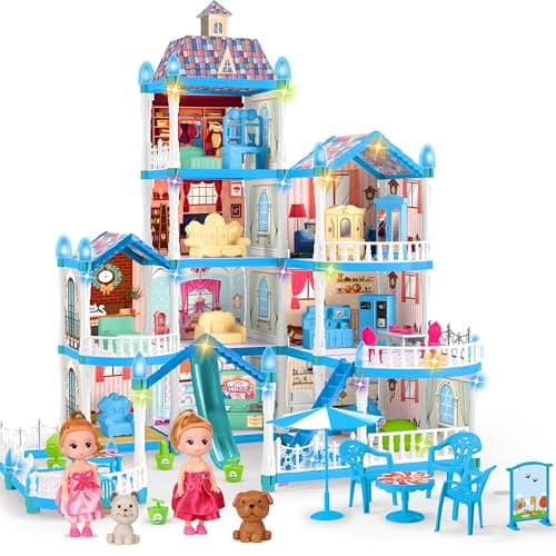 Seifar Doll House for Girls10 Rooms Blue House Toy with Doll Figures Puppies Lights Furnitures Accessories Kids Playhouse Gift for for 3 4 5 6 7 8 9 10 Year Old