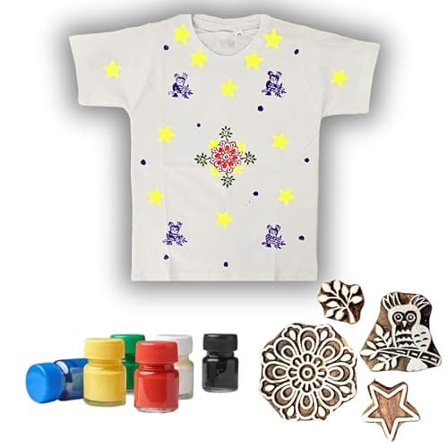 KALARANG CLUB DIY T-Shirt Block Printing Kit for Kids (Ages 7–8) – Wooden Stamps, Fabric Paints & Rajasthani Art Craft Activity Box – Fun DIY Arts & Crafts Gift for Boys & Girls, Ideal Birthday Return Gift (Age 4+)