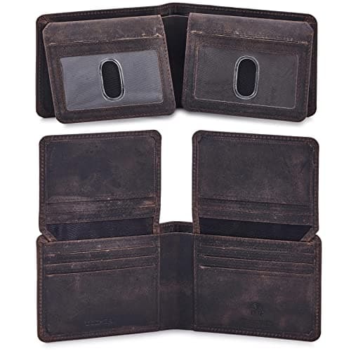 Mens Wallet Real Leather Bifold RFID Blocking High Capacity Card Case with 2 ID Window in Gift Box (Crazy Horse, Coffee)