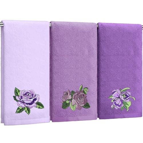 FuWeave 3 Pcs Purple Rose Hand Towels Lavender Purple Bathroom Decor Embroidered Floral Farmhouse Decorative Towels for Bathroom Kitchen Decor, 100% Cotton, 13. 3 x 29. 5''