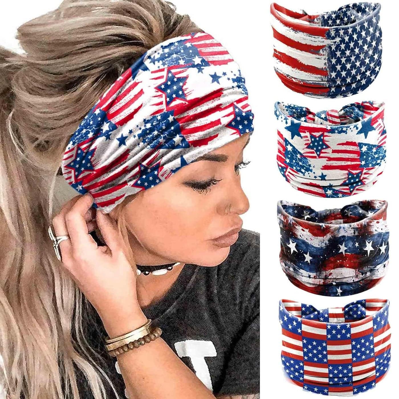 Olbye 4th of July Headband Patriotic American Flag Hairband USA Red White Blue Headbands Wide Knotted Head Band Stars Bandana Independence Day Hair Accessories for Women 4Pcs Multicolor A Wide