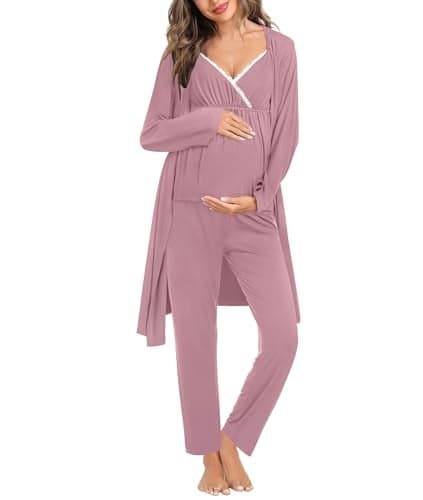 SWOMOG Maternity Nursing Robe Set 3 Piece Breastfeeding Pajamas 3 in 1 Labor Delivery Sleevless Tops&Long Pants Pregnancy Pjs