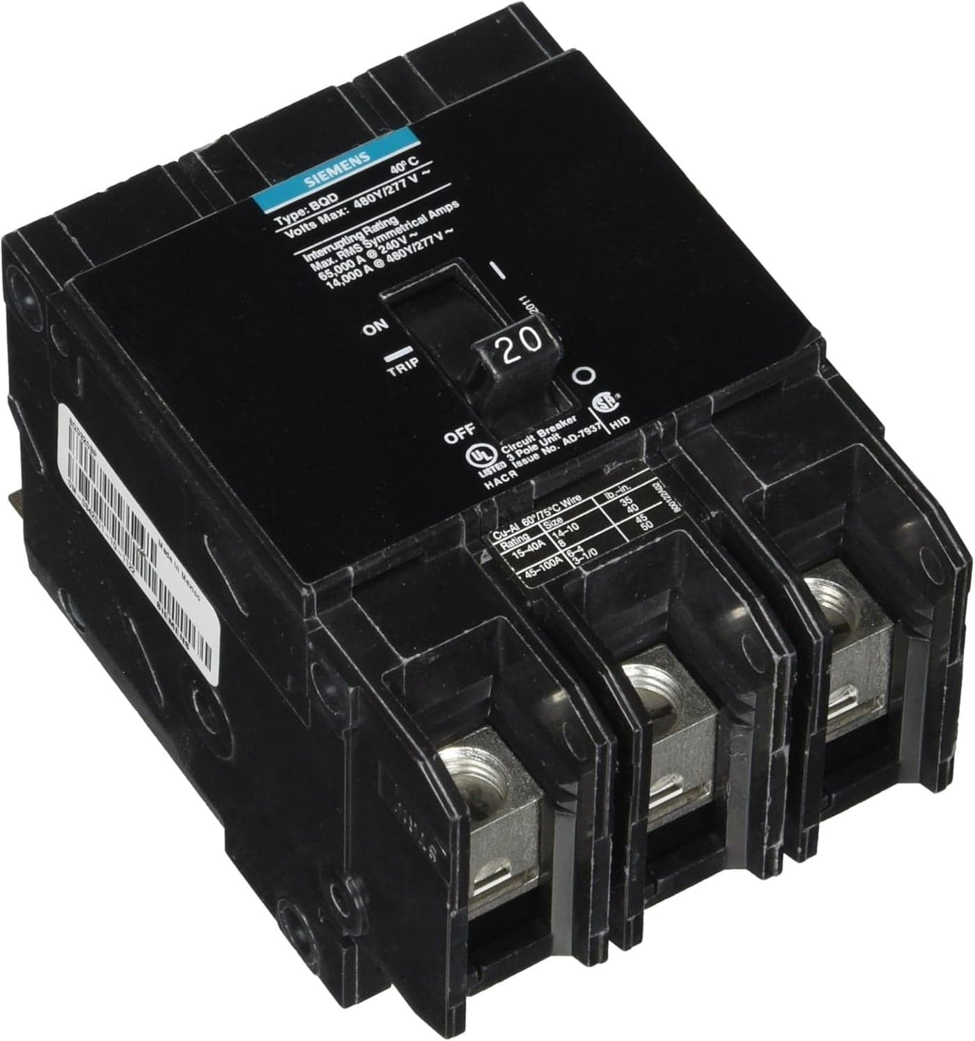 SIEMENS BQD320 20Amp Three Pole 480Y277V AC 14KAIC Bolt in Breaker