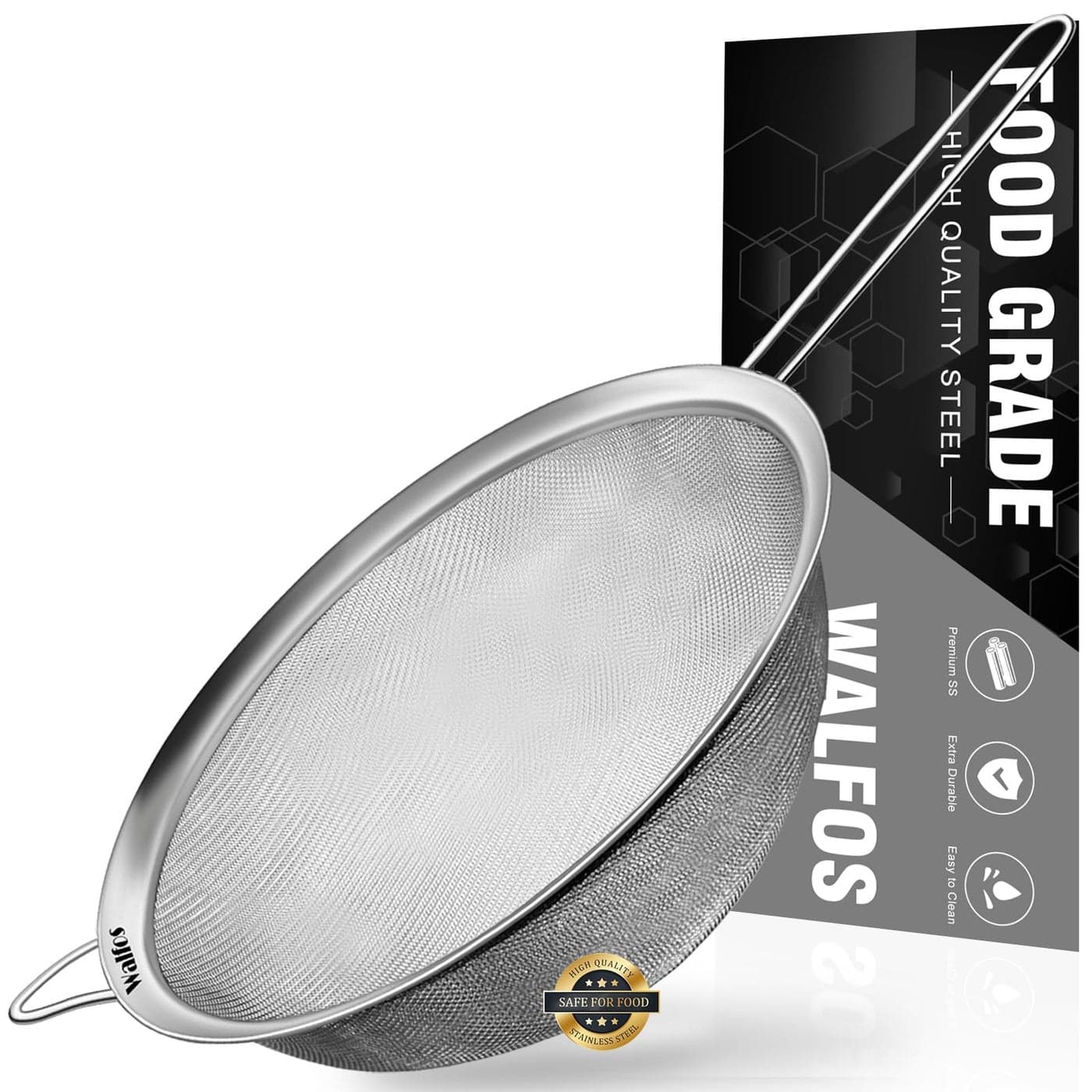 Walfos 9 Inch Large Fine Mesh Strainer, Kitchen Metal Food Strainers with Sturdy Handle, Stainless Steel 30 Mesh Sieve Sifters for Rice, Quinoa, Pasta, Fruits, Vegetables, etc.