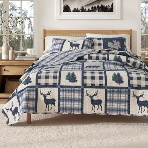 Great Bay Home Lodge Bedspread FullQueen Size Quilt with 2 Shams Cabin 3Piece Reversible All Season Quilt Set Rustic Quilt Coverlet Bed Set Stonehurst Collection NavyGrey
