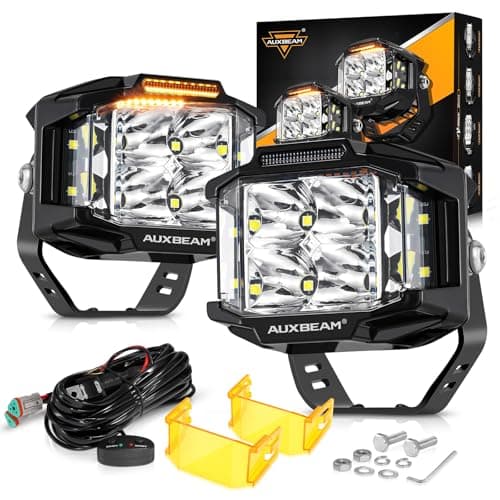 Auxbeam 4 Inch LED Pod Light, 92W V-MAX Series Square Offroad Driving with Amber DRL, 270° Spot Flood Combo Beam Side Shooter Cube Work Auxiliary Lights with Yellow Cover for Truck SUV ATV UTV